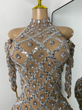 Luxury Women Sexy Sparkly Sequins Halter with Sleeves Mesh Mini Bodycon Nightclub Birthday Dress Party Performance Costume