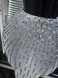 Sparkly Rhinestones Women Long Sleeve Mesh See Through 2 Pieces Bodycon Long Dress Nightclub Party Birthday Celebrate Outfit
