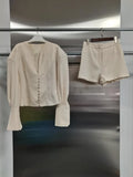 Charming Fashion Two Piece Set for Women V Neck Long Sleeve Tunic Blouse Slimming Shorts Autumn Commut Suit Female