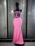 Sparkly Crystal Pink Silver Women Sexy Keyholes High Stretch Bodycon Maxi Gowns Dress Evening Party Celebrate Cocktail Outfit
