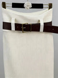 Fashion Solid Ribbed Knit Pencil Skirt Women Autumn Low Waistline Design Belt Elegant Slim Fit Long Skirt Streetwear