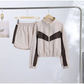 Color Block Zip Up Two Piece Set Women Long Sleeve Stand Collar Cropped Jacket High Waist Shorts 2026 Spring Summer Casual Suit