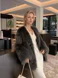 Beige Fluffy Faux Fur Jacket Women Long Sleeve Open Front Warm Cozy Coat Fall Winter Party Daily Streetwear Trendy Outerwear New