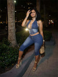 Denim 2 Piece Set Women Summer Halter Wrap Chest Backless Zip Halter Tops+Shorts Matching Hipster Vintage Streetwear
