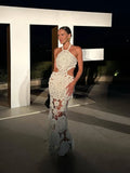 Sexy Hollow-out Crochet Dress Women Fashion Solid Sleeveless Backless Halter Maxi Dresses 2026 Summer Lady Vacation Lace Robe
