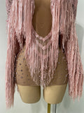 Sexy Mesh See Through Rhinestones Two Pieces Dress Coat Sets Women Sparkly Tassels Performance Singer Dancer Stage Costume