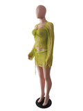 Glitter Sequins Knitted Skirt Sets Women 3 Piece Outfit Vacation Festival Clothing Sheer Top and Mini Skirt Matching Sets