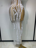 Women Luxury White Pearl Sequines Mesh Transparent Long Dress Club Elegant Evening Party Dress Birthday Photoshoot Clothing