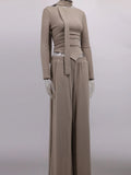 Solid Two Piece Set for Women Slash Neck Irregular Hem Long Sleeve Top High Waist Straight Pant Casual Suit Female