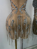 Luxury Crystals Diamonds Evening Party Dress Women Sexy Halter See Through Mesh Birthday Gowns Nightclub Singer Stage Wear
