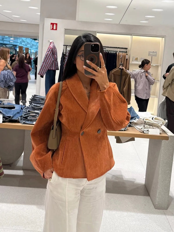 Stylish Plain Tone Short Coat Women Lapel Collar Fall Double Breasted Long Sleeve Pocket Jacket Commute Trendy Daily Outerwear