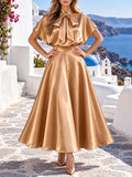 Satin Two Piece Sets for Women Bow Tie Mock Neck Blouse High Waist Flared A‑Line Maxi Skirt for Formal Banquet Party Wear