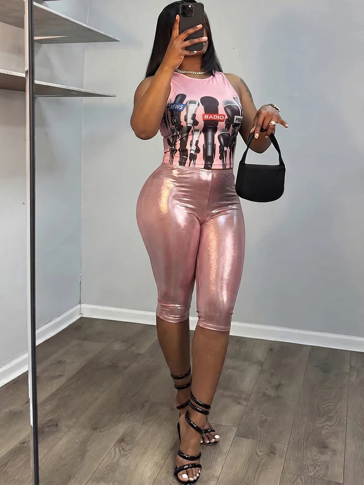 High Street Style 2 Piece Set Woman Mic Print o-Neck Tops+Reflection Design Skinny Peach Hip Shorts Sexy Fashion Suit