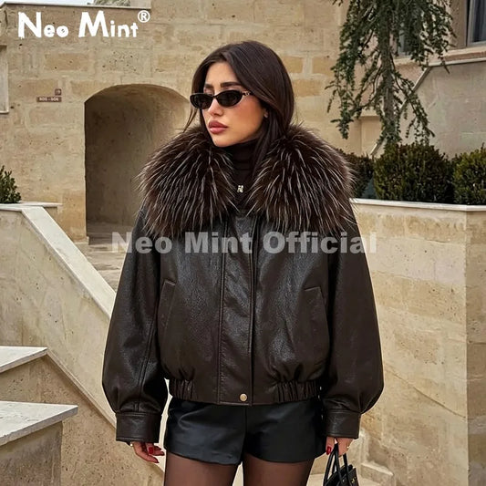Exclusive Faux Raccoon Fur Collar Brown PU Leather Jacket Women 2026 Winter Warm Windproof Insulation Faux Leather Coat