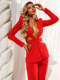 Red Sexy V-neck Long Sleeve Jacket+High Waist Flare Pants Blazer Set Women'S 2026 New Hollow Out Designer Two-Piece Set