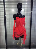 Red White Women Sexy Strapless Lace Bodycon Mini Dress With Gloves Celebrate Nightclub Party Birthday Photoshoot Wear