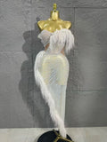 Sexy Sheer Mesh Pearl Beaded Feather Trim Strapless Mermaid Evening Dress for Birthday Party