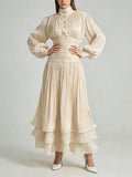 Luxury Afternoon Tea High Neck Pleated Maxi Dress for Women Puff Sleeve Ruched Waist Tiered Flared Skirt for Wedding Guest