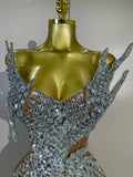 Sexy Strapless Mesh See Through Eveing Birthday Party Nightclub Stage Costume Women Sparkly Silver Rhinestone Sequins Mini Dress