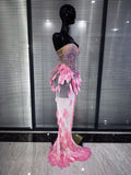 Skyblue Pink Women Sexy Strapless Shining Rhinestones Mesh Bodycon Mermaid Dress Celebrate Birthday Party Cocktail Outfit