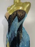 Sparkly Diamonds Tassel Long Dress Birthday Evening Party Sexy Strapless Side High Slit Mesh See Through Nightclub Stage Costume