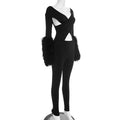 Cross Hollow Jumpsuit Women Sexy Fit Fur Patchwork Full Sleeve Workout Activity Streetwear Stretch Tight Overalls