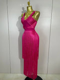 Sexy V-Neck Sleeveless Tassel Bodycon Bandage Dress Women Celebrity Elegant Nightclub Evening Party Birthday Wedding Guest Dress