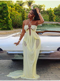 Sexy Yellow Chiffon Halter Maxi Dress Lady Chic Hollow Out Backless Lace Up Sleeveless See Through Robe Female Spring Party Wear