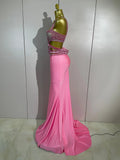 Luxury Birthday Evening Party Set Sparkly Rhinestone Pink Sexy Sleeveless Long Dress Two Pieces Nightclub Party Club Stage Wear