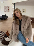 Beige Fluffy Faux Fur Jacket Women Long Sleeve Open Front Warm Cozy Coat Fall Winter Party Daily Streetwear Trendy Outerwear New