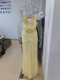 Sexy Yellow Chiffon Halter Maxi Dress Lady Chic Hollow Out Backless Lace Up Sleeveless See Through Robe Female Spring Party Wear