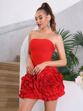 2026 Ladies 3D Flowers Strapless Tight Backless Design Celebrity Club Party Red Sleeveless Sexy Mini Bandage Dress