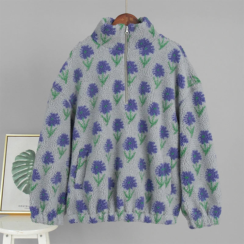 Fleece Printing Sweatshirt Women's Half-Zip Sweatshirt Fleece Loose Turtleneck pullover Female Winter Leisure Sweatshirt