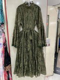 Elegant Vintage Green Lace Midi Dress for Women High Neck Sheert Flare Sleeve Belted Waist Desgin for Luxury Dinners Party