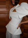 Women Chic Top 2 Piece Set Elegant Stand Collar Cape Sleeveless Slim Off Shoulder Slim Tops Suit Female Chic Casual Party Wear