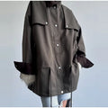 Retro Drew-string Jackets Women's Loose Full Sleeves Buttons Zipper Pockets Lapel Coats 2026 New Ladies Autumn Solid Outwear