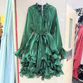 Ruffled Mock Neck Mini Dress for Women Tie Neck Long Sleeve Flare Cuff Self Tie Sash Waist Tiered Ruffle for Party Occasions