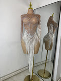 Women Sparkly Crystal Pearl Tassels Sexy Sheer See Through Bodycon Mini Silver Outfit Birthday Dress Dancer Performance Costume