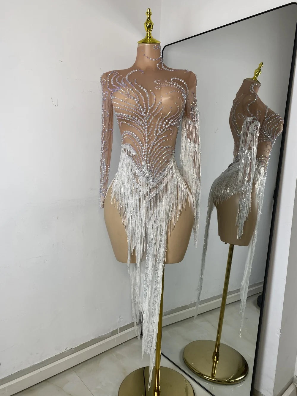 Women Sparkly Crystal Pearl Tassels Sexy Sheer See Through Bodycon Mini Silver Outfit Birthday Dress Dancer Performance Costume