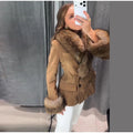 Retro Suede Faux Fox Fur Collar Blazer Coat Long Sleeve Double Breasted Fluffy Furs Cuff Women Fashion Jacket 2026 Chic Outfits