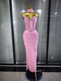 3 Colors Women Sexy Strapless Shining Crystal Bodycon Long Bandage Dress Evening Party Celebrate Elegant Cocktail Outfit