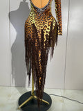 Sexy Leopard Print Stretch Dress Women Sparkly Rhinestones Tassel One Shoulder Latin Dance Outfits Nightclub Party Stage Costume