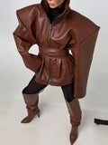Streetwear Faux Leather Jacket for Women High Neck Zip Front Shoulder Pad Belted Waist Oversized for Autumn Outfits