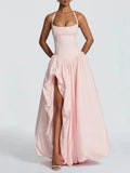 Solid Hotsweet Party Dress for Women Halter Neck Sleeveless Tunic Backless Slit Luxurious Puff Dresses Female New
