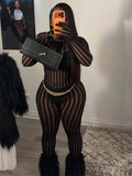 Hottie See Through Jumpsuit Women O-Neck Irregular Stripe Patchwork Jacquard Hollow Sexy Street Stretch Slim Overall