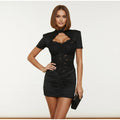 Chic Patchwork Lace Slim Short Dress Women Solid Hollow Out  High Collar Pleated Mini Dresses 2026 Lady Evening Party Vestidos
