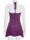 Metal Buckle Dress Women Sexy Elegant Sleeveless Halter Bandages Ribbon Stretch Chic Midnight Party Club Mini Bodycon