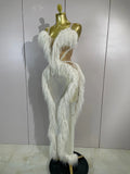Women Sexy Sparkly Diamonds Tassel Mesh Transparent Long Dress Evening Prom Celebrate Birthday Party Dress Photoshoot Stage Wear