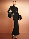 Women Elegant Evening Club Party Trumpet Long Sleeves Sexy Turtleneck Tight Maxi Bandage Dress Black Vestido
