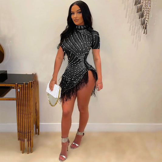 Sexy Pearls Rhinestone Party Birthday Dress for Women Luxury Evening Elegant Celebrity Feathers Sheer Mesh Short Dresses